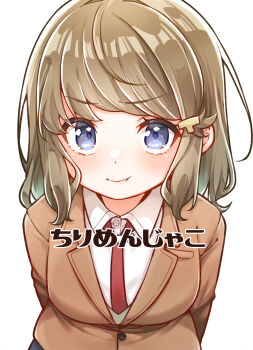 1girl :t absurdres black_skirt blazer blue_eyes blush breasts brown_hair brown_jacket closed_mouth collared_shirt hair_ornament highres jacket jako_(jakoo21) koga_tomoe looking_at_viewer medium_breasts necktie pout red_necktie school_uniform seishun_buta_yarou shirt simple_background skirt solo upper_body white_background white_shirt