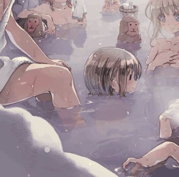 10s 6+girls aislinn_wishart alcohol anetai_toyone animal animated animated_gif bathing blush bucket collarbone hana-kagume hand_on_own_chest kakura_kurumi kosegawa_shiromi kumakura_toshi lowres monkey multiple_girls nude onsen outdoors partially_submerged reflection sake saki saki_(manga) saki_achiga-hen smile snow snowflakes snowing towel usuzawa_sae water wooden_bucket