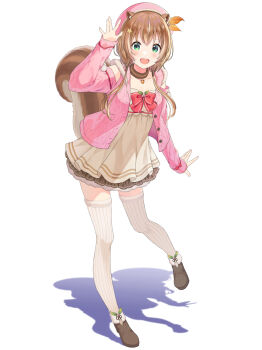 1girl :d acorn_pendant animal_ears ayunda_risu ayunda_risu_(1st_costume) beret boots brown_boots brown_choker brown_hair cable_knit cardigan choker clothing_cutout commentary dress empire_waist fold-over_boots full_body fur-trimmed_thighhighs fur_choker fur_trim green_eyes hair_ornament hair_over_shoulder hairclip hand_up hat highres hololive hololive_indonesia hood hooded_cardigan leaf_hair_ornament long_hair looking_at_viewer low_twintails multicolored_hair official_artist_extra open_mouth pink_cardigan pink_hat ribbed_thighhighs shadow short_dress shoulder_cutout simple_background smile solo squirrel_ears squirrel_girl squirrel_tail streaked_hair tail thighhighs twintails virtual_youtuber white_background white_dress white_streaks white_thighhighs yatomi