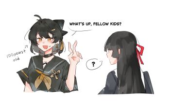 2girls ? age_difference black_choker black_hair black_serafuku black_shirt blush chisa_(wuthering_waves) choker cropped_torso earrings female_rover_(wuthering_waves) hair_ornament hair_ribbon hairclip highres jewelry long_hair meme mopa_huhu multiple_girls neckerchief official_alternate_costume open_mouth parallel_hairclips red_ribbon ribbon rover_(wuthering_waves) sailor_collar school_uniform serafuku shirt simple_background sweat triangle_earrings white_background wuthering_waves yellow_eyes yellow_neckerchief yellow_ribbon