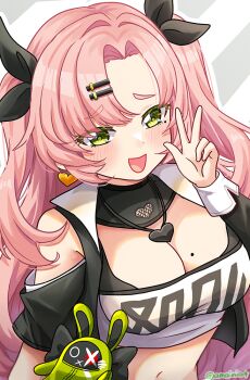 1girl :d amaimi amillion_(zenless_zone_zero) artist_name bangboo_(zenless_zone_zero) bare_shoulders black_bow black_jacket black_ribbon blush bow breasts character_doll cleavage crop_top cropped_jacket cropped_shirt doll earrings grey_background hair_ornament hair_ribbon hairclip heart heart_earrings jacket jewelry large_breasts long_hair looking_at_viewer mole mole_on_breast mole_under_eye navel necklace nicole_demara open_mouth outline pink_hair ribbon shirt smile solo striped_background swept_bangs twitter_username two-tone_background upper_body w white_background white_outline white_shirt yellow_eyes zenless_zone_zero