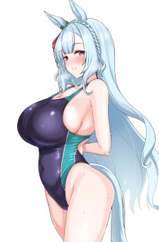 1girl absurdres animal_ears arms_behind_back blue_hair blush bow braid commentary_request competition_swimsuit covered_navel ear_ribbon highres horse_ears horse_girl horse_tail long_hair looking_at_viewer mejiro_ardan_(umamusume) one-piece_swimsuit purple_eyes purple_one-piece_swimsuit raindrop746079 red_ribbon ribbon simple_background smile solo standing swimsuit tail umamusume wet wet_clothes wet_swimsuit white_background