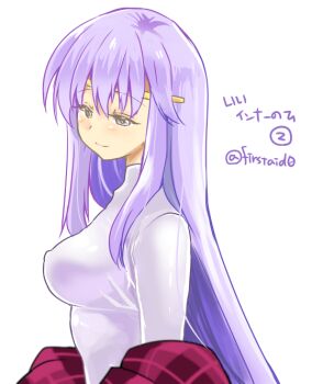 1girl alternate_costume breasts circlet covered_erect_nipples fire_emblem fire_emblem:_genealogy_of_the_holy_war from_side julia_(fire_emblem) light_smile long_hair medium_breasts nintendo purple_hair simple_background solo yukia_(firstaid0)