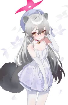 1girl absurdres animal_ears arm_up bare_shoulders bell blue_archive blush commentary_request dress earrings elbow_gloves floral_background gloves grey_hair hair_between_eyes hat highres jewelry jingle_bell long_hair looking_at_viewer michiru_(blue_archive) michiru_(dress)_(blue_archive) minojko112 neck_bell official_alternate_costume raccoon_ears raccoon_girl raccoon_tail shuriken_earrings shy simple_background solo sweatdrop tail tassel tassel_earrings white_background white_dress white_gloves yellow_eyes