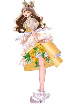 Rule 34 | 1girl, ahaha tea, bouquet, brown hair, butterfly earrings, butterfly hair ornament, choker, dress, ear piercing, earrings, flower, frilled choker, frilled dress, frills, full body, hair ornament, highres, jewelry, long hair, long legs, nail polish, one eye closed, open mouth, original, piercing, platform shoes, puffy short sleeves, puffy sleeves, ribbon, rose, see-through clothes, see-through sleeves, shoes, short sleeves, simple background, smile, solo, standing, wavy hair, white background, white ribbon, white shoes, yellow dress, yellow eyes, yellow flower, yellow nails, yellow rose