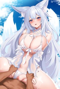 1girl absurdres animal_ear_fluff animal_ears azur_lane bikini bikini_bottom_aside blush breasts censored cleavage clothing_aside cloud fox_ears fox_girl fox_tail highres holding_another&#039;s_wrist large_breasts mosaic_censoring multiple_tails navel open_mouth purple_eyes raiou sex shinano_(azur_lane) sky swimsuit tail white_bikini white_hair