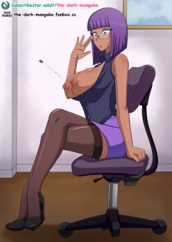 1girl accidental_exposure adjusting_eyewear bra bra_peek breasts bursting_breasts button_gap buttons collared_shirt flying_button formal_clothes glasses highres inconvenient_breasts large_breasts looking_over_eyewear menat office_lady open_clothes open_shirt popped_button semi-rimless_eyewear shirt skirt street_fighter street_fighter_v the_dark_mangaka underwear wardrobe_malfunction