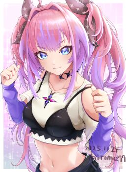 1girl absurdres black_bow black_pants blue_eyes bow bra_over_clothes breasts closed_mouth commentary_request hair_bow highres hirome99 hololive hololive_dev_is kikirara_vivi kikirara_vivi_(1st_costume) long_hair looking_at_viewer multicolored_hair pants pink_hair purple_hair shirt small_breasts solo streaked_hair twintails virtual_youtuber white_shirt