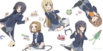 5girls absurdres akiyama_mio animal_ear_hairband animal_ears bangs_pinned_back black_eyes black_hair black_pantyhose black_socks blazer blonde_hair blue_bow blue_bowtie blue_eyes blue_suit blush bow bowtie brown_eyes brown_hair brushing_hair buttons cake cat cat_ear_hairband cat_ears colored_eyebrows commentary controller crossed_legs cup english_text fake_animal_ears food formal_clothes frog full_body furrowed_brow game_controller grey_skirt hair_ornament hairband hairclip heart highres hirasawa_yui holding holding_controller holding_game_controller jacket k-on! kotobuki_tsumugi long_hair looking_at_viewer low_twintails multiple_girls nakano_azusa open_mouth own_hands_together pantyhose parallel_hairclips parted_bangs plate playing_games playing_video_games sakuragaoka_high_school_uniform school_uniform shirt shoes short_hair sitting skirt smile socks strawberry_shortcake suit tainaka_ritsu teacup teapot twintails twitter_username untranslatable_commentary wariza white_background white_shirt white_shoes white_socks xiaxiaxiaoxiao