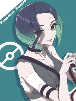 Rule 34 | 1girl, armband, bare shoulders, black armband, black choker, blue hair, bob cut, breasts, brown eyes, camera, character name, choker, cleavage, collarbone, crop top, gradient hair, grey shirt, highres, holding, holding camera, loose hair strand, medium breasts, midriff, multicolored hair, nintendo, off-shoulder shirt, off shoulder, omitarasi34, perrin (pokemon), photographer, pokemon, pokemon sv, ribbed shirt, shirt, short hair, sleeveless, sleeveless shirt, solo, undershirt, upper body, v-neck, white nails