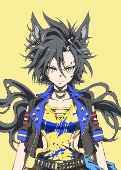 1girl air_shakur_(umamusume) air_shakur_(unsigned)_(umamusume) animal_ears belt black_choker black_hair black_jacket black_shorts choker closed_mouth clothing_cutout ear_chain ear_ornament eyebrow_piercing face_piercing highres horse_ears horse_girl jacket linked_piercing long_hair long_sleeves looking_at_viewer open_clothes open_jacket piercing sharp_teeth shirt shorts simple_background solo teeth umamusume upper_body yellow_background yellow_eyes yellow_shirt zukki_(bijitaru)