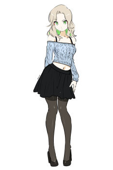 1girl bare_shoulders black_skirt blue_shirt eudetenis green_eyes green_hair high_heels highres multicolored_hair original pantyhose shirt skirt sweater