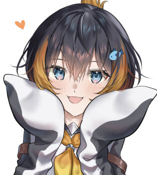 1girl :d arm_belt black_hair black_jacket black_sailor_collar blonde_hair blue_eyes commentary english_commentary fish_hair_ornament folded_ponytail hair_between_eyes hair_ornament hands_framing_own_cheeks hands_up hashtag heart highres hitsuji_(sheep_tamura) jacket long_sleeves looking_at_viewer multicolored_hair neckerchief nijisanji nijisanji_en open_mouth petra_gurin petra_gurin_(1st_costume) sailor_collar school_uniform serafuku short_hair simple_background sleeves_past_fingers sleeves_past_wrists smile solo streaked_hair two-tone_hair upper_body virtual_youtuber white_background white_jacket white_serafuku yellow_neckerchief