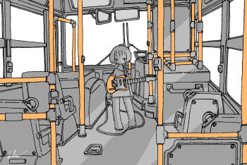 Rule 34 | 1girl, absurdres, barefoot, bus interior, cable, commentary, electric guitar, greyscale, guitar, highres, instrument, kaduise, looking at viewer, monochrome, no pants, original, oversized clothes, oversized shirt, shirt, short hair, solo, spot color, standing, wide shot