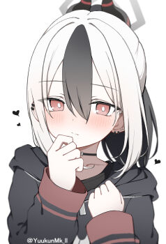 Rule 34 | 1girl, artist name, barbell piercing, black choker, black hair, black hoodie, black horns, blue archive, choker, closed mouth, demon horns, ear piercing, earclip, grey halo, hair between eyes, halo, heart, highres, hood, hoodie, horns, industrial piercing, kayoko (blue archive), long hair, long sleeves, looking at viewer, multicolored hair, piercing, ponytail, red eyes, red horns, simple background, solo, striped horns, two-tone hair, white background, white hair, yuukun mk-ii, zipper