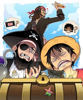Rule 34 | 4boys, black eyes, black hair, black hat, bottle, character request, check character, collarbone, day, eyepatch, hat, heart, highres, hook hand, jack sparrow, male focus, medium hair, missing tooth, monkey d. luffy, multiple boys, one piece, open mouth, outdoors, patchy the pirate, patrick star, percodine, pirate hat, pirates of the caribbean, short hair, skull and crossbones, speech bubble, spongebob squarepants (series), straw hat, teeth, thought bubble, treasure chest