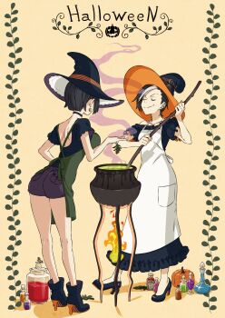 Rule 34 | 2girls, absurdres, apron, black hair, closed eyes, commentary request, halloween, hat, high heels, highres, iwado anna, kamezaemon, kirisaki minato, multicolored hair, multiple girls, original, pumpkin, short hair, shorts, streaked hair, witch hat