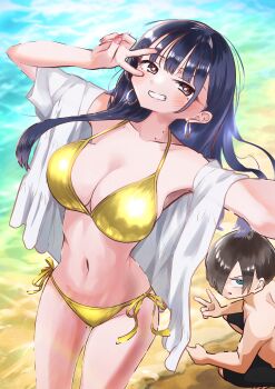 1boy 1girl absurdres alternate_costume beach bikini black_hair blue_eyes blush boku_no_kokoro_no_yabai_yatsu breasts brown_eyes cleavage collarbone commentary_request day earrings gold_bikini grin hair_over_one_eye hands_up highres hoop_earrings ichikawa_kyoutarou jewelry large_breasts long_hair m2bou male_swimwear mole mole_on_neck multiple_moles navel open_clothes open_shirt outdoors paid_reward_available ringed_eyes sand selfie shirt shore short_hair side-tie_bikini_bottom smile squatting standing string_bikini swimsuit v v_over_eye variant_set water white_shirt yamada_anna