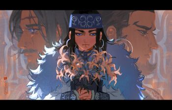 Rule 34 | 1girl, 2boys, ainu clothes, asirpa, black hair, blue eyes, blue headband, cape, cheseely, commentary, cross scar, earrings, english commentary, expressionless, facial hair, flower, forked eyebrows, fur cape, goatee, golden kamuy, headband, highres, holding, holding flower, hoop earrings, jewelry, kiroranke, multiple boys, parted lips, scar, scar across eye, scar on face, scar on forehead, sideburns, simple background, sleeves past wrists, thick eyebrows, wilk (golden kamuy)