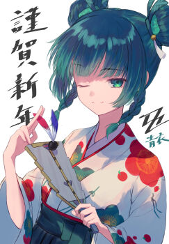 1girl ;) absurdres alternate_costume alternate_hairstyle braid closed_mouth double_bun floral_print floral_print_kimono green_eyes green_hair green_hakama hagoita hair_bun hakama hakama_skirt hane_(hanetsuki) hanetsuki highres holding holding_paddle japanese_clothes kimono one_eye_closed paddle print_kimono qingyi_(zenless_zone_zero) riyusan_(bamiyanhiyoyoyo) shirt side_braids skirt smile solo twin_braids upper_body white_background white_kimono white_shirt zenless_zone_zero