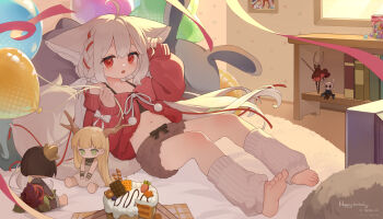 1girl animal_ears balloon barefoot birthday_cake braid brown_shorts cake character_request commentary_request copyright_request dated food fox_ears fox_girl fox_tail grey_hair happy_birthday highres hollow_knight hornet_(hollow_knight) indoors knight_(hollow_knight) leg_warmers looking_at_viewer midriff navel open_mouth original red_eyes sakurada_shiro_(hy_plus) shio_(shiofeifei) shorts sitting soles solo tail toes