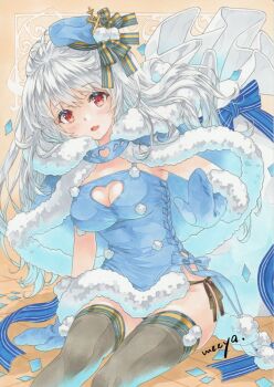 1girl armpit_crease artist_name beret black_panties blue_cloak blue_dress blue_hat blue_mittens breasts choppy_bangs cleavage cleavage_cutout cloak clothing_cutout commentary_request dress feet_out_of_frame fur-trimmed_cloak fur-trimmed_dress fur-trimmed_mittens fur_trim grey_thighhighs hat hat_ribbon heart_cutout hood hood_down hooded_cloak large_breasts light_blush long_hair looking_at_viewer marker_(medium) meeya mini_hat mittens open_mouth original panties panty_peek red_eyes ribbon short_dress side-tie_panties sitting sleeveless sleeveless_dress solo striped_ribbon thighhighs traditional_media underwear white_hair