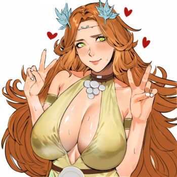 1girl ai-assisted breasts brown_hair circlet cleavage commentary double_v dress english_commentary final_fantasy final_fantasy_xiv green_dress green_eyes hair_ornament halter_dress halterneck heart jamjamstyle large_breasts leaf_hair_ornament light_blush looking_at_viewer nophica revision simple_background sleeveless sleeveless_dress smile solo sweat upper_body v wavy_hair white_background