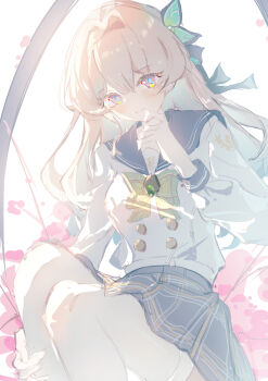 1girl absurdres black_hairband black_ribbon blush buttons closed_mouth collared_shirt double-breasted firefly_(honkai:_star_rail) firefly_(spring_missive)_(honkai:_star_rail) gradient_hair green_pupils grey_hair grey_sailor_collar grey_skirt hair_between_eyes hair_intakes hair_ornament hair_ribbon hairband hashtag-only_commentary heart highres honkai:_star_rail honkai_(series) hua_(yijing) long_hair multicolored_eyes multicolored_hair pink_petals pleated_skirt ribbon sailor_collar shirt skirt smile solo thighhighs white_shirt white_thighhighs