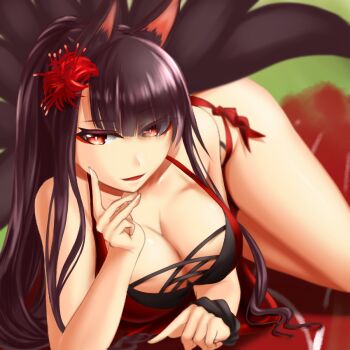 akagi_(azur_lane) akagi_(paradise_amaryllis)_(azur_lane) animal_ears asymmetrical_bangs atora_yuki azur_lane bikini blunt_bangs breasts brown_hair cleavage fox_ears fox_tail hand_on_own_face highres kitsune kyuubi large_breasts long_hair lying multiple_tails official_alternate_costume on_side open_mouth red_bikini red_eyes scrunchie smile swimsuit tail wrist_scrunchie