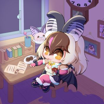 Rule 34 | 1girl, animal ears, bat (animal), bat ears, bat girl, bat wings, brown eyes, brown hair, brown long-eared bat (kemono friends), cup, daisantw, desk, elbow gloves, extra ears, fingerless gloves, food, gloves, grey hair, highres, holding, holding cup, indoors, kemono friends, kemono friends v project, leotard, long hair, looking at viewer, microphone, night, pantyhose, poporu (kemono friends), shoes, skirt, sweets, virtual youtuber, wings
