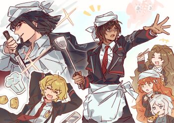 &gt;_&lt; 6+girls :o :t animal apron black_hair black_jacket blonde_hair blue_eyes bob_cut bow brown_hair chef_hat chopsticks cigarette closed_eyes collared_shirt commentary_request corruption d; don_quixote_(project_moon) eating faust_(project_moon) food freckles green_eyes hair_bow hat highres holding holding_chopsticks holding_food holding_knife holding_pizza holding_spatula id_card ishmael_(project_moon) jacket jacket_on_shoulders knife limbus_company long_hair multiple_girls necktie notice_lines one_eye_closed open_mouth orange_eyes orange_hair outis_(project_moon) outstretched_arm pizza potato project_moon red_eyes red_necktie rodion_(project_moon) ryoshu_(project_moon) shirt short_hair smoking sparkle spatula spread_fingers sweat very_long_hair waist_apron white_hair white_hat white_shirt yellowm26912712
