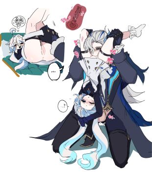 ... ...? 1boy 1girl absurdres ahoge anus ass blue_eyes blue_hair bobby_socks cleft_of_venus closed_eyes cunnilingus dreaming furina_(genshin_impact) genshin_impact gloves grey_hair hetero highres hiji_(hijichan) leg_grab legs legs_up long_hair long_sleeves multicolored_hair neuvillette_(genshin_impact) no_shoes one_eye_closed oral panties panty_pull pussy saliva simple_background sleeping socks soles spoken_ellipsis streaked_hair thigh_strap thighs uncensored underwear waking_up white_background white_hair white_socks