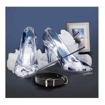 1girl artist_name blindfold blue_footwear blue_hair border breasts censored censored_identity collar covered_eyes dress glass_slipper gradient_background high_heels highres large_breasts photo_(object) picture_frame shoes short_hair solo wedding_dress xnnagu