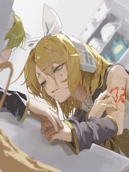 1boy 1girl aqua_eyes arm_tattoo blonde_hair blurry blurry_background bow commentary depth_of_field detached_sleeves grey_sailor_collar grey_sleeves hair_between_eyes hair_bow hair_ornament hairclip half-closed_eyes hand_on_own_arm headset highres indoors kagamine_len kagamine_rin looking_at_another neckerchief number_tattoo parallel_hairclips parted_lips phyordi_9y9 sailor_collar shirt short_hair sidelocks sleeveless sleeveless_shirt sweat tattoo treble_clef upper_body vocaloid wall_shelf white_bow white_shirt yellow_neckerchief