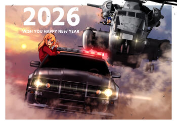 2026 2girls aircraft blonde_hair blue_eyes camera car ch-53 commentary_request driving english_text ford_mustang happy_new_year helicopter highres holding holding_camera jacket long_hair long_sleeves motor_vehicle multiple_girls new_year original partial_commentary police_car red_jacket sparkle taking_picture timmyyen v