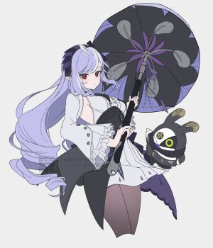 1girl absurdres bangboo_(zenless_zone_zero) black_nails bow breast_curtains breasts brown_pantyhose center_frills commentary_request cropped_legs drill_hair frills grey_background hairband highres holding holding_umbrella long_hair looking_at_viewer medium_breasts merry-san mole mole_under_eye pantyhose pointy_ears purple_bow purple_hair purple_hairband purple_umbrella red_eyes robin_(zenless_zone_zero) shrug_(clothing) simple_background umbrella vivian_banshee white_shrug zenless_zone_zero