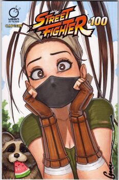 1girl antenna_hair bandana brown_eyes brown_hair don_(street_fighter) fingerless_gloves food fruit gloves hair_pulled_back heart heart-shaped_pupils high_ponytail highres ibuki_(street_fighter) long_hair mask mouth_mask ninja ninja_mask omar_dogan ponytail solo street_fighter street_fighter_iii_(series) symbol-shaped_pupils tanuki watermelon