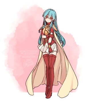 Rule 34 | 1girl, 2025, aqua eyes, aqua hair, armor, boots, breastplate, breasts, cape, closed mouth, commentary request, eirika (fire emblem), fingerless gloves, fire emblem, fire emblem: the sacred stones, full body, gloves, hand on own arm, heel up, highres, long hair, looking at viewer, nintendo, pink background, red boots, red gloves, red shirt, sayu030b, shirt, short sleeves, shoulder armor, skirt, small breasts, solo, standing, thigh boots, thighhighs, two-tone background, watermark, white background, white skirt, yellow armor, yellow cape, zettai ryouiki