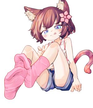 1girl :3 :q animal_ears blue_eyes blue_shorts brown_hair cat_ears cat_girl cat_tail chaosexceed closed_mouth commentary english_commentary feet full_body hair_ornament highres no_shoes original paid_reward_available pink_socks short_hair short_shorts shorts simple_background socks soles solo tail tank_top tongue tongue_out white_background white_tank_top
