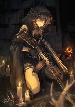 Rule 34 | 1girl, absurdres, aks-74u, antlers, arktic, assault rifle, black gloves, book, brown hair, candle, commentary, english commentary, escape from tarkov, fingerless gloves, full body, gloves, graphics card, grey eyes, gun, highres, holding, horns, kalashnikov rifle, knife, long hair, looking at viewer, open mouth, original, rifle, scope, suppressor, trigger discipline, weapon