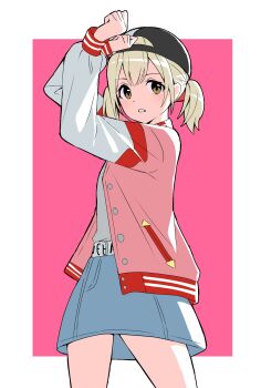 1girl arms_up azusawa_kohane backwards_hat baseball_cap blonde_hair blue_skirt border brown_eyes clenched_hands commentary cowboy_shot hat highres jacket kai_(shell) letterman_jacket long_sleeves looking_to_the_side parted_lips project_sekai shirt_tucked_in skirt solo twintails white_border