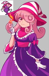 Rule 34 | 1girl, arm up, artist name, blush stickers, bow, collar, commentary, curly hair, detached collar, dress, english commentary, female focus, fire, frilled collar, frills, gloves, grey background, hat, highres, humanization, index finger raised, intelligent systems, long dress, long hair, mario (series), nonoworks, paper mario, paper mario: the thousand year door, pink eyes, puffy sleeves, purple dress, pyrokinesis, reference photo, sash, simple background, smile, star-shaped pupils, star (symbol), striped clothes, striped headwear, symbol-shaped pupils, vivian (paper mario), white gloves, wide sleeves, witch hat