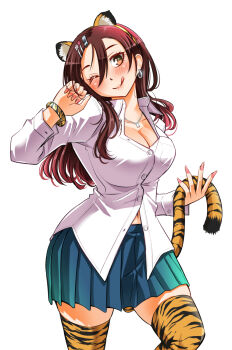 1girl ;q animal_ear_hairband animal_ears animal_print aqua_skirt blush bracelet breasts cleavage closed_mouth collared_shirt commentary_request cowboy_shot earrings fake_animal_ears fake_tail hair_ornament hairband hairclip highres holding_own_tail jewelry large_breasts long_hair long_sleeves looking_at_viewer navel necklace one_eye_closed orange_eyes orange_hairband orange_tail orange_theme pink_nails pleated_skirt print_thighhighs red_eyes shirt simple_background skirt sogabe_toshinori solo tail thighhighs tiger_ears tiger_print tiger_tail tongue tongue_out tsuruhashi_madoka white_background yankee_jk_kuzuhana-chan