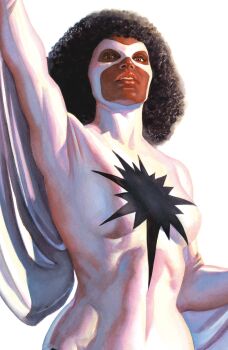 1girl absurdres alex_ross arm_up black_hair bodysuit brown_eyes cape comic_cover cover cover_page curly_hair dark-skinned_female dark_skin highres linea_alba long_hair looking_at_viewer marvel monica_rambeau official_art parted_lips photon_(marvel) realistic solo superhero_costume upper_body western_comics_(style) white_background white_bodysuit white_cape