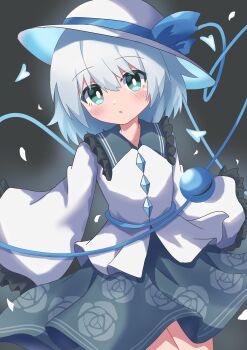 Rule 34 | 1girl, absurdres, alternate color, aqua eyes, blouse, blue bow, blush, bow, bright pupils, buttons, clip studio paint (medium), cool colored, cowboy shot, diamond button, falling petals, floral print, frilled shirt collar, frilled sleeves, frills, grey background, grey skirt, hat, hat bow, heart, heart of string, high meron, highres, komeiji koishi, komeiji koishi (spontaneous white beauty), long sleeves, looking at viewer, parted lips, petals, player 2, print skirt, puritan collar, rose print, shirt, short hair, simple background, skirt, sleeves past fingers, sleeves past wrists, solo, third eye, touhou, touhou lostword, untucked shirt, white hair, white hat, white pupils, white shirt, wide sleeves