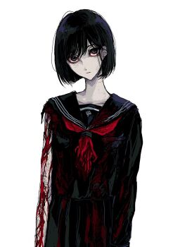 1girl :| black_eyes black_hair black_sailor_collar black_serafuku bleeding blood blood_on_clothes bloodshot_eyes bob_cut closed_mouth cowboy_shot head_tilt injury looking_at_viewer neckerchief ngg_n red_neckerchief sailor_collar school_uniform serafuku shimizu_hinako short_hair silent_hill_(series) silent_hill_f standing torn_sleeve