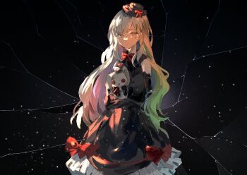 Rule 34 | 1girl, black background, black dress, blonde hair, broken glass, colored inner hair, dress, elbow gloves, frilled dress, frills, glass, gloves, hat, highres, long hair, looking at viewer, mayu (vocaloid), mini hat, multicolored hair, rainbow hair, solo, stuffed animal, stuffed rabbit, stuffed toy, vocaloid, wavy hair, wssjzwcmd