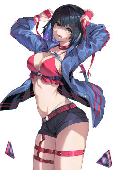 1girl absurdres arms_up bikini bikini_top_only black_hair black_shorts blue_hair blue_jacket breasts chaos_zero_nightmare cleavage collar collarbone commentary_request fingerless_gloves gloves green_eyes half_gloves highleg highleg_panties highres jacket looking_at_viewer medium_breasts mosta_(lo1777789) multicolored_hair navel open_clothes open_jacket open_mouth panties red_bikini red_collar red_gloves shaded_face short_shorts shorts simple_background skindentation solo sweat swimsuit tressa_(chaos_zero_nightmare) two-tone_hair underwear white_background white_panties