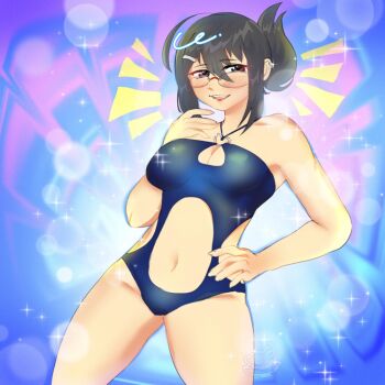 1girl ahoge aiko_yumi black_hair blush breasts clothing_cutout glasses grey_eyes hand_on_own_hip highres hunie_(series) huniepop navel one-piece_swimsuit solo stomach_cutout sweetiepiemew swimsuit