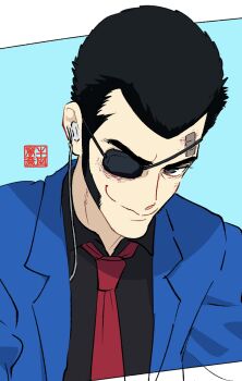 1boy arsene_lupin_iii black_eyes black_hair black_shirt blue_jacket closed_mouth eyepatch facial_hair highres iiosiri123 jacket long_sideburns lupin_iii male_focus necktie one_eye_covered open_clothes open_jacket red_necktie shirt short_hair sideburns smile solo translation_request